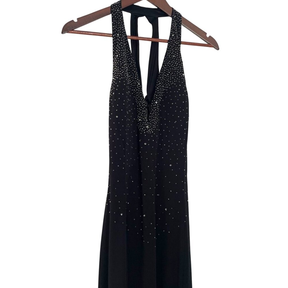 Vintage Y2K Vamp Whimsy Goth Beaded Gown Maxi Dress S Black Lace Up Back Mermaid